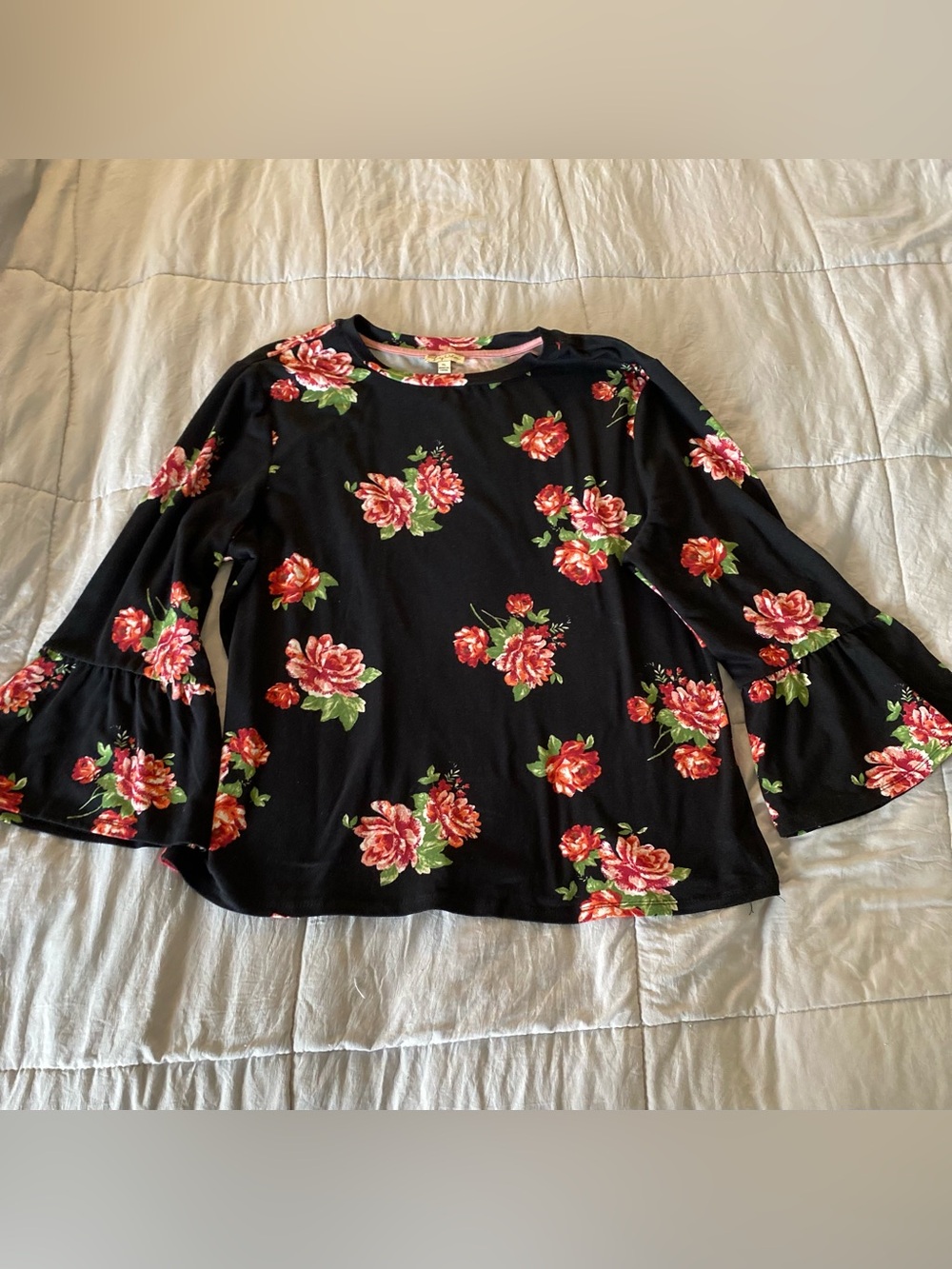 Lily White Black Long-Sleeve Tee with Red Floral Print